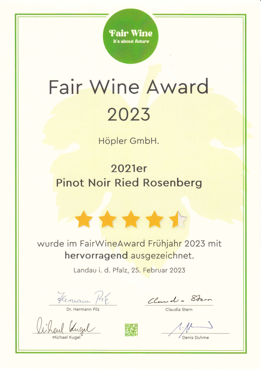 Auszeichnung Fair-Wine-Award 2023 - Hoepler Pinot Noir Ried Rosenberg