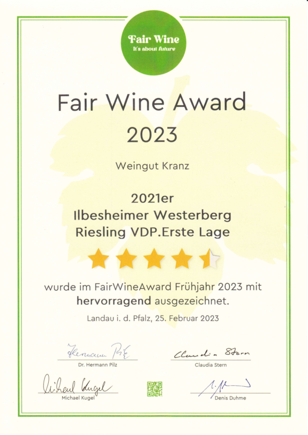 Auszeichnung Fair Wine Award 2023 Ilbesheimer Westerberg Riesling Vdp.erste Lage 0002