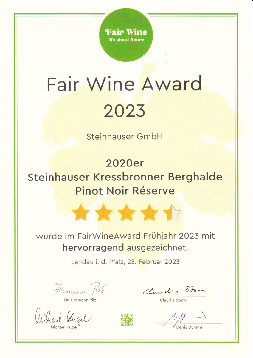 Auszeichnung Fair-Wine-Award 2023 - Kressbronner Berghalde Pinot Noir Reserve