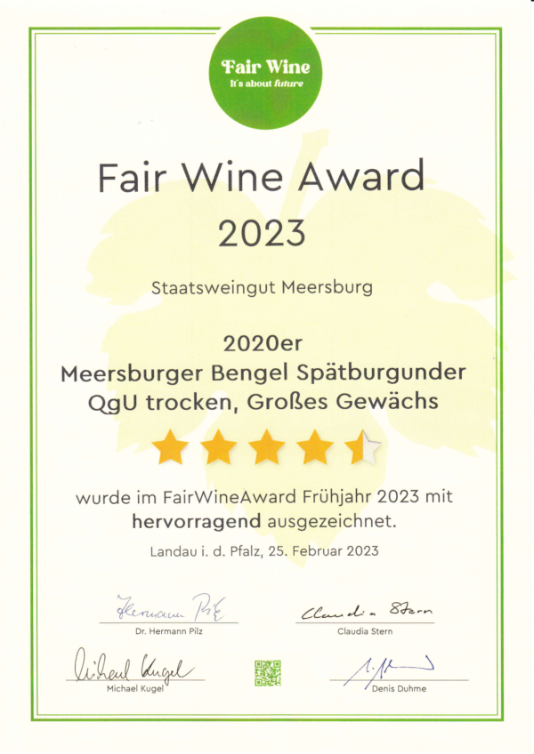 Auszeichnung Fair Wine Award 2023 Meersburger Bengel Spaetbgd Qgu Trocken Gg 0002