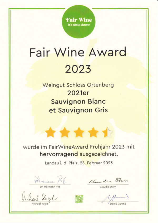 Auszeichnung Fair Wine Award 2023 Ortenberg Sauvignon Blanc Et Sauvignon Gris
