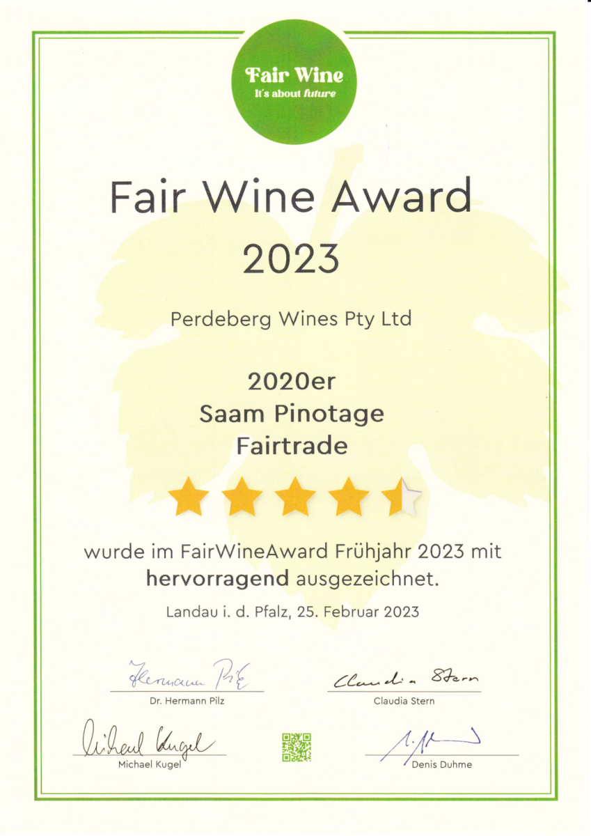 Auszeichnung Fair-Wine-Award 2023 - Perdeberg Wines Saam Pinotage