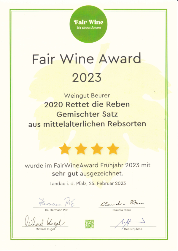Auszeichnung Fair Wine Award 2023 Rettet Die Reben Gemischter Satz
