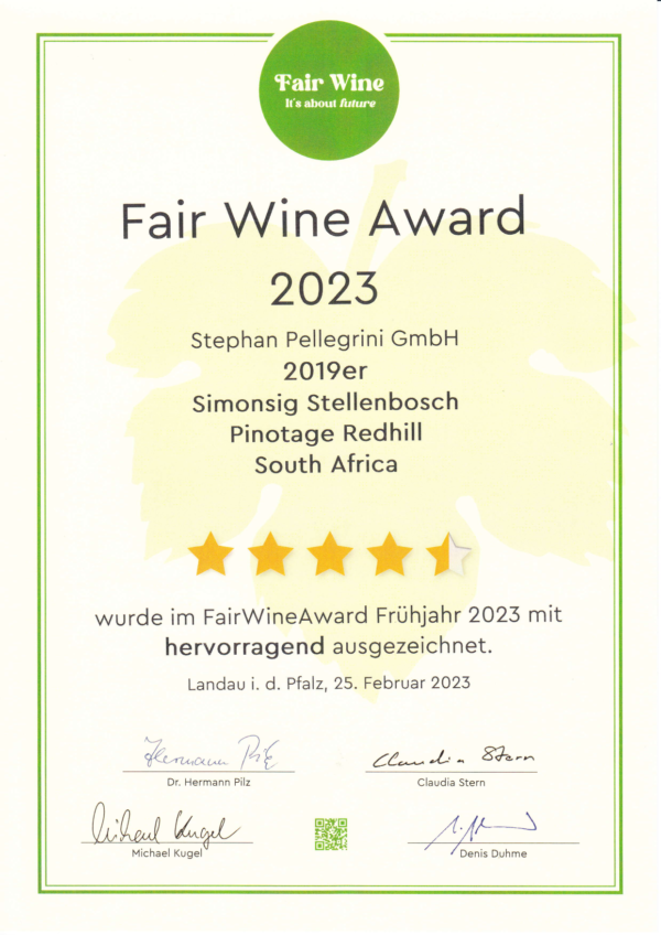 Auszeichnung Fair Wine Award 2023 Simonsig Stellenbosch Pinotage Redhill