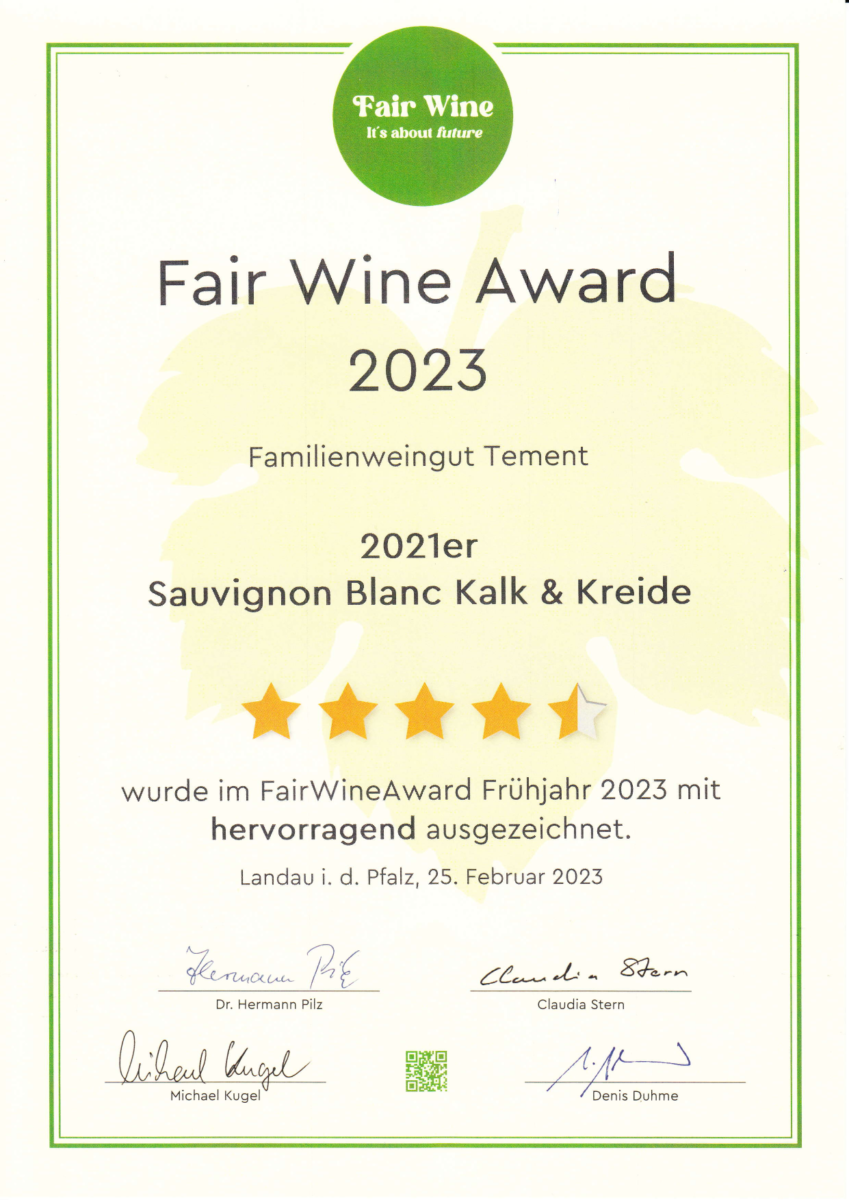 Auszeichnung Fair-Wine-Award 2023 - Temment Sauvignon Blanc Kalk Und Kreide