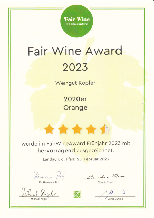 Auszeichnung Fair Wine Award 2023 Weingut Koepfer Orange