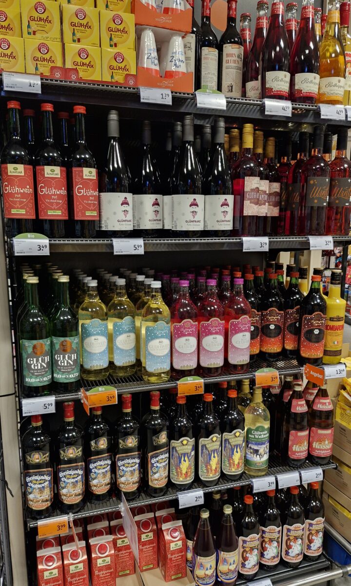 Supermarket Shelf With Many Different Types Of Mulled Wine