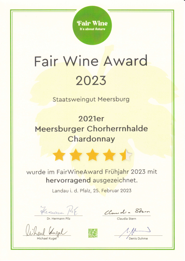Auszeichnung Fair Wine Award 2023 Auszeichnung Fair Wine Award 2023 Meersburger Chorherrnhalde Chardonnay Qgu Trocken Gg 0002
