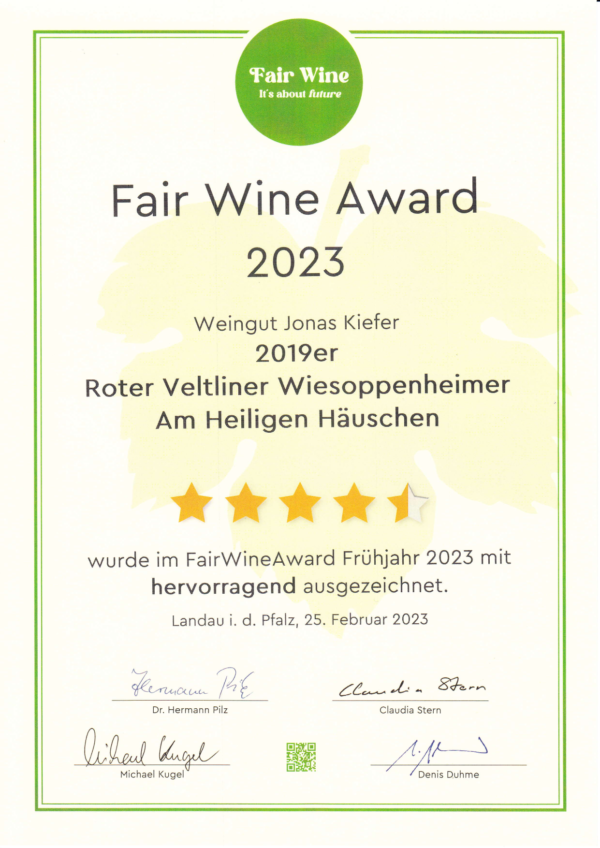 Auszeichnung Fair Wine Award 2023 Roter Veltliner Wiesoppenheimer Am Heiligen Haeuschen