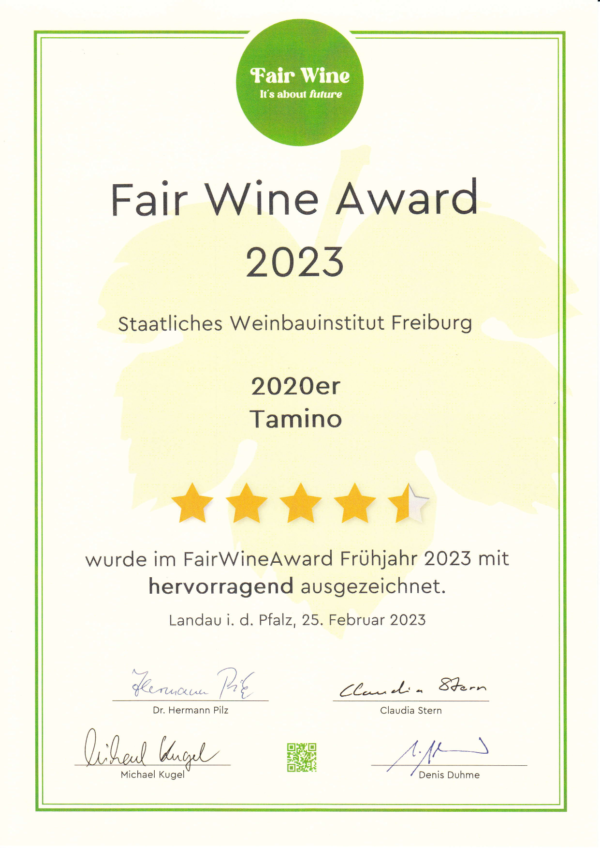 Auszeichnung Fair Wine Award 2023 Staatl. Weinbauinstitut Freiburg Tamino