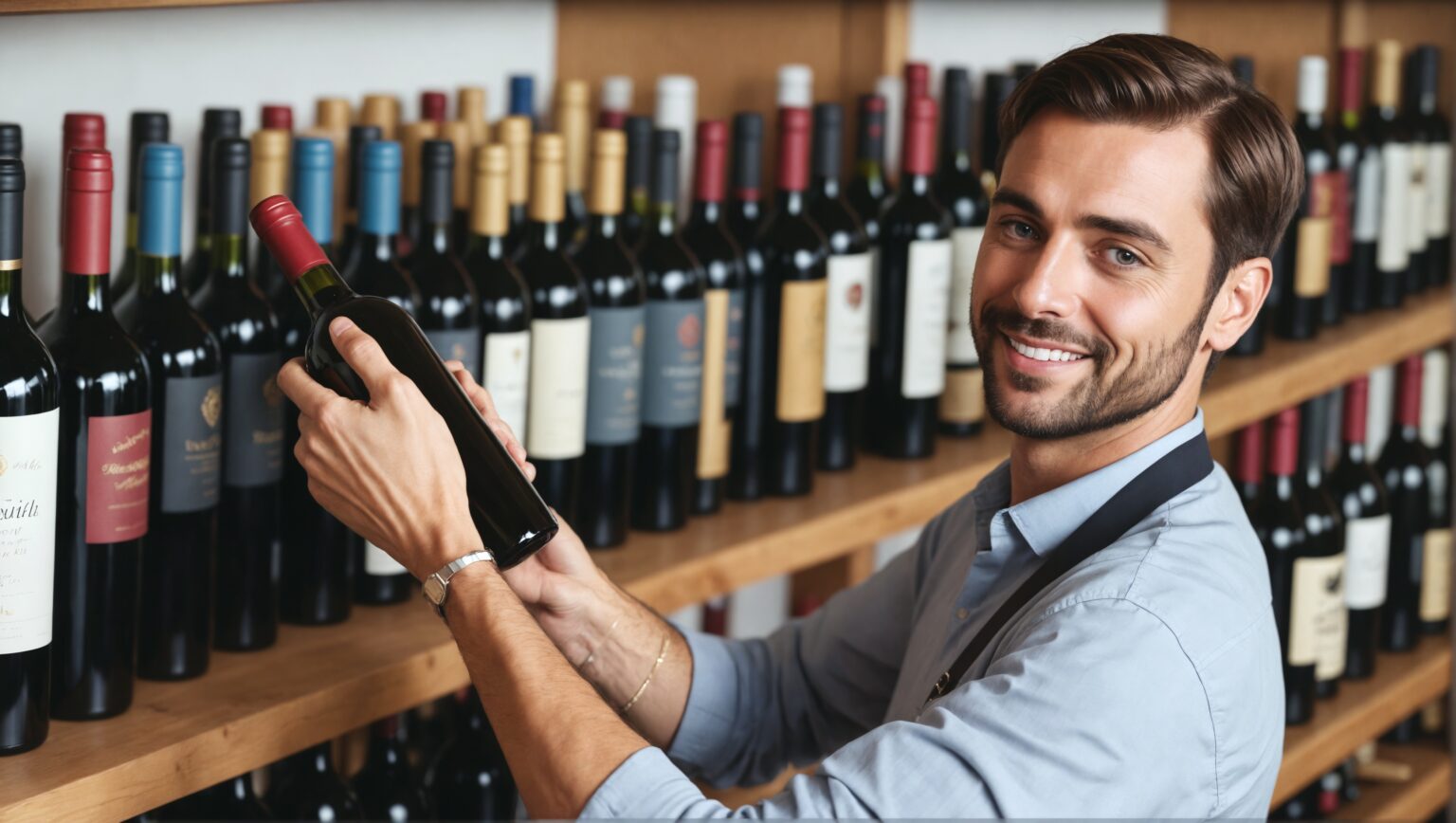 Weinhändler Nimmt Eine Flasche Wein Aus Dem Verkaufsregal